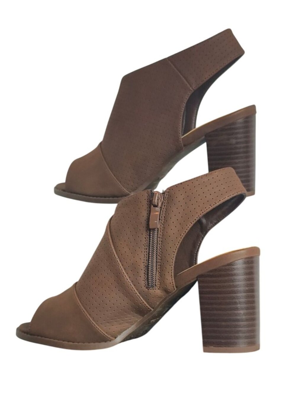 Top Moda Women 7.5 Heeled Sandals Brown Peep-Toe Perforated Zipper Open Toe Chic